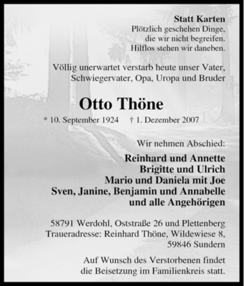 Traueranzeige von Otto Thöne von Tageszeitung