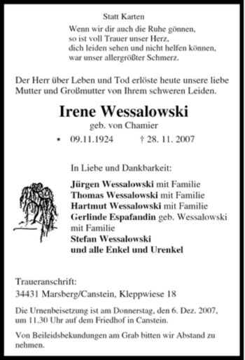 Traueranzeige von Irene Wessalowski von Tageszeitung