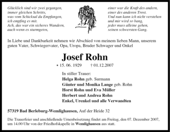 Traueranzeige von Josef Rohn von Tageszeitung