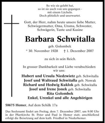 Traueranzeige von Barbara Schwitalla von Tageszeitung
