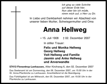 Traueranzeige von Anna Hellweg von Tageszeitung