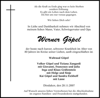 Traueranzeige von Werner Göpel von Tageszeitung