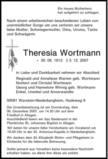 Traueranzeige von Theresia Wortmann von Tageszeitung