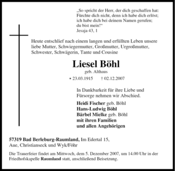 Traueranzeige von Liesel Böhl von Tageszeitung