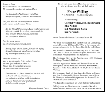 Traueranzeige von Franz Welling von Tageszeitung