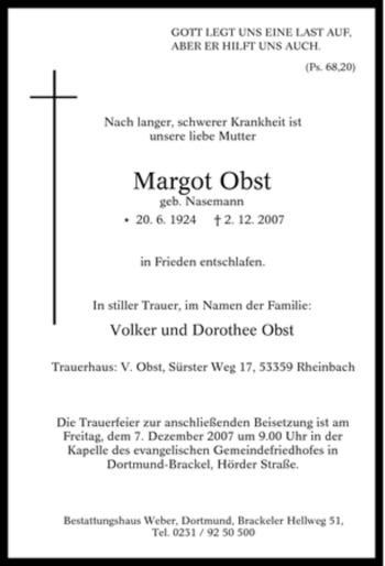 Traueranzeige von Margot Obst von Tageszeitung