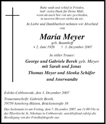 Traueranzeige von Maria Meyer von Tageszeitung