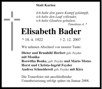 Traueranzeige von Elisabeth Bader von Tageszeitung