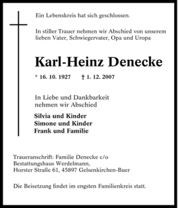 Traueranzeige von Karl-Heinz Denecke von Tageszeitung