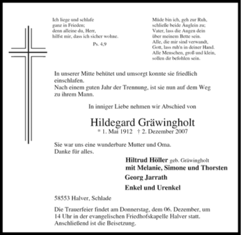 Traueranzeige von Hildegard Gräwingholt von Tageszeitung