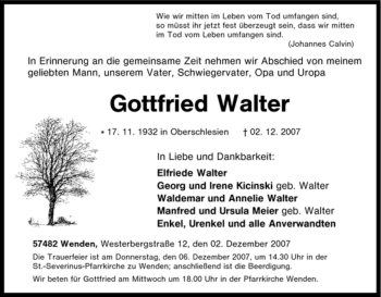Traueranzeige von Gottfried Walter von Tageszeitung