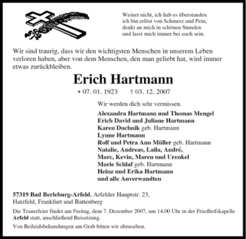 Traueranzeige von Erich Hartmann von Tageszeitung