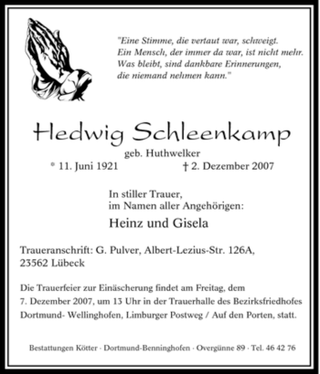 Traueranzeige von Hedwig Schleenkamp von Tageszeitung