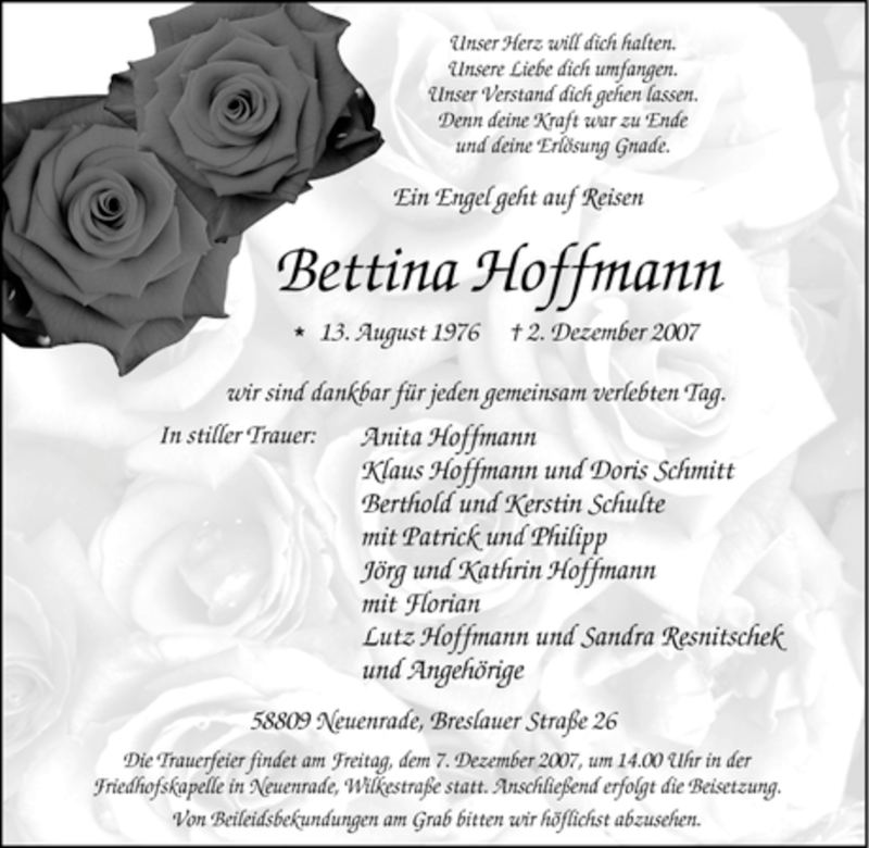  Traueranzeige für Bettina Hoffmann vom 04.12.2007 aus Tageszeitung