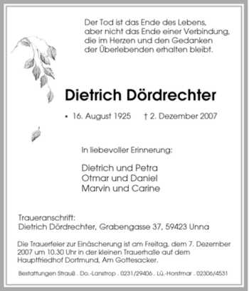Traueranzeige von Dietrich Dördrechter von Tageszeitung