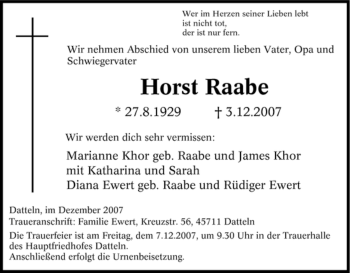 Traueranzeige von Horst Raabe von Tageszeitung