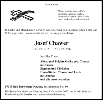 Traueranzeige von Josef Chawer von Tageszeitung