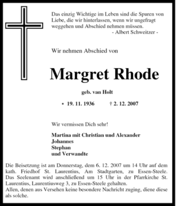 Traueranzeige von Margret Rhode von Tageszeitung