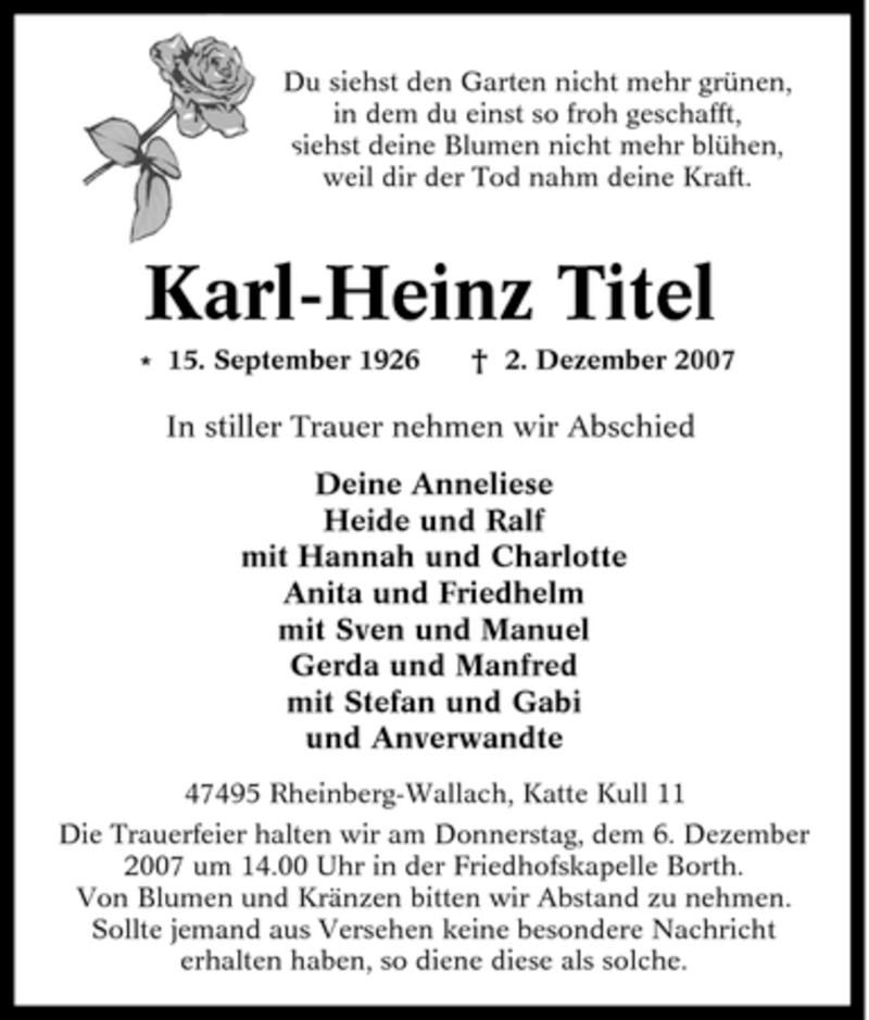  Traueranzeige für Karl-Heinz Titel vom 04.12.2007 aus Tageszeitung