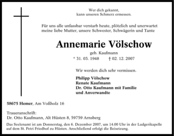 Traueranzeige von Annemarie Völschow von Tageszeitung