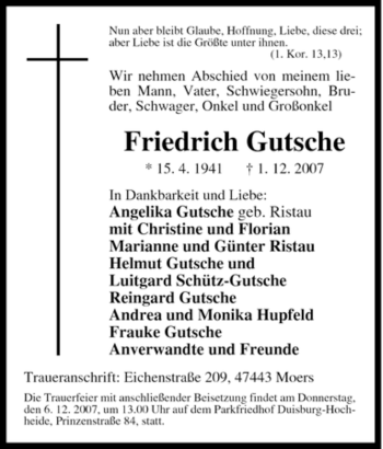 Traueranzeige von Friedrich Gutsche von Tageszeitung
