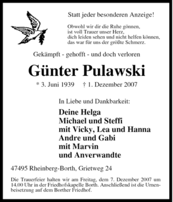 Traueranzeige von Günter Pulawski von Tageszeitung