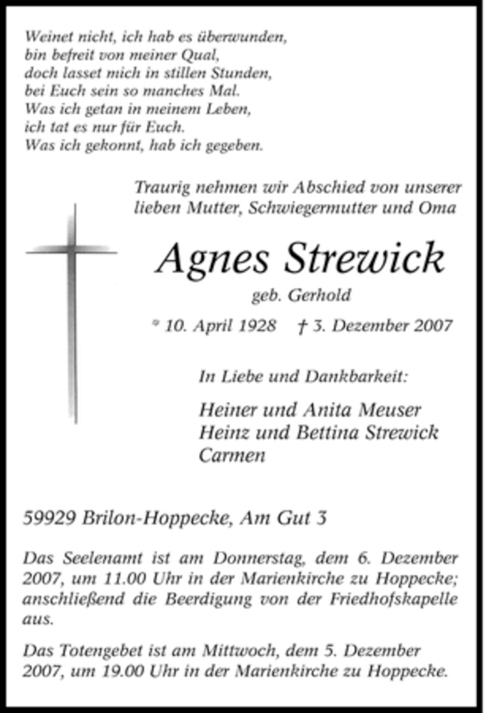  Traueranzeige für Agnes Strewick vom 04.12.2007 aus Tageszeitung