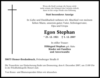 Traueranzeige von Egon Stephan von Tageszeitung