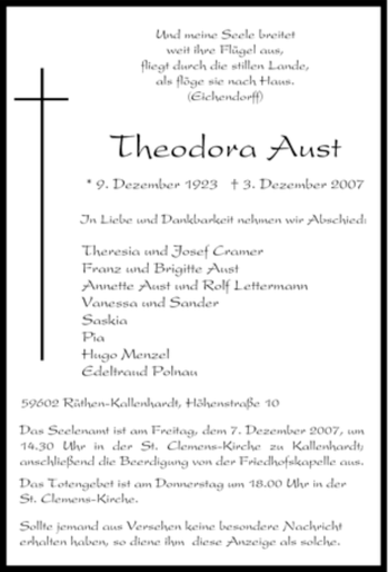 Traueranzeige von Theodora Aust von Tageszeitung