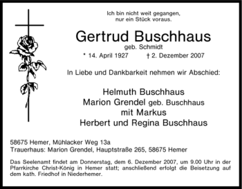 Traueranzeige von Gertrud Buschhaus von Tageszeitung