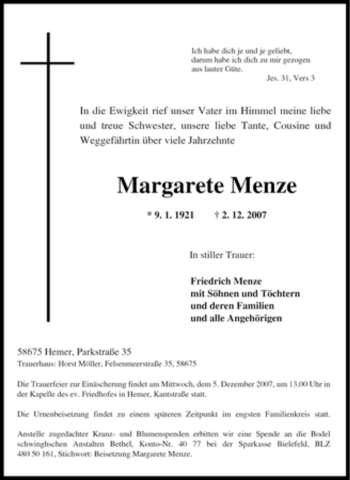Traueranzeige von Margarete Menze von Tageszeitung