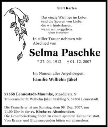 Traueranzeige von Selma Paschke von Tageszeitung