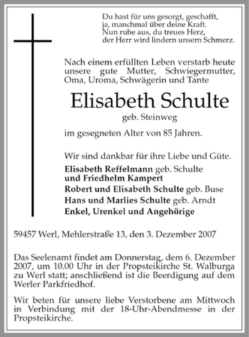Traueranzeige von Elisabeth Schulte von Tageszeitung