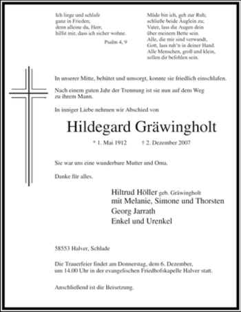 Traueranzeige von Hildegard Gräwingholt von Tageszeitung