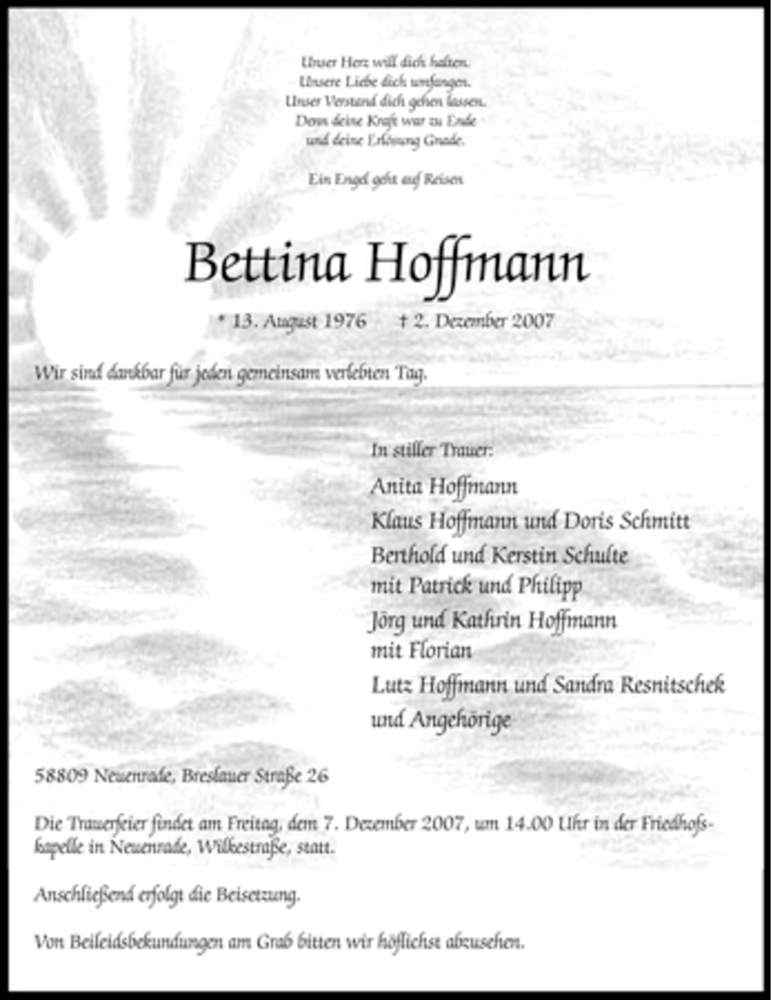  Traueranzeige für Bettina Hoffmann vom 04.12.2007 aus Tageszeitung