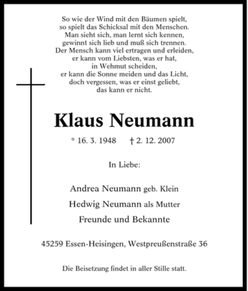  Traueranzeige für Klaus Neumann vom 05.12.2007 aus Tageszeitung