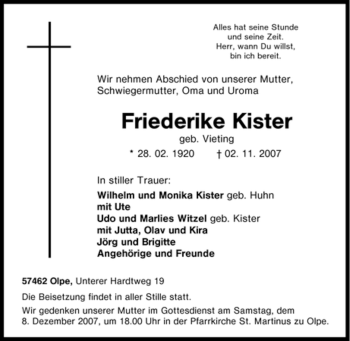 Traueranzeige von Friederike Kister von Tageszeitung