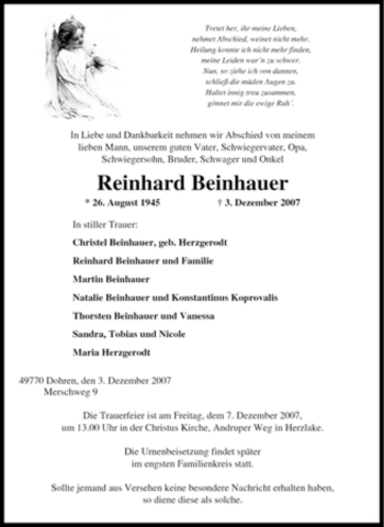 Traueranzeige von Reinhard Beinhauer von Tageszeitung