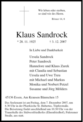 Traueranzeige von Klaus Sandrock von Tageszeitung