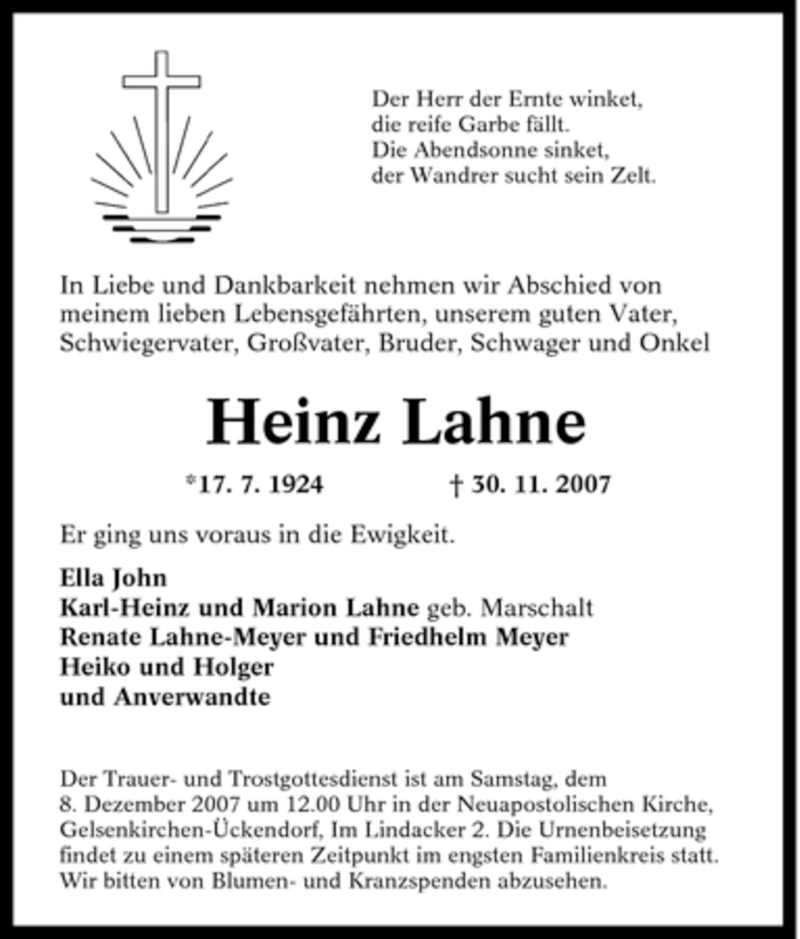  Traueranzeige für Heinz Lahne vom 05.12.2007 aus Tageszeitung
