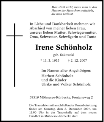 Traueranzeige von Irene Schönholz von Tageszeitung