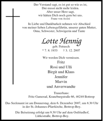 Traueranzeige von Lotte Hennig von Tageszeitung