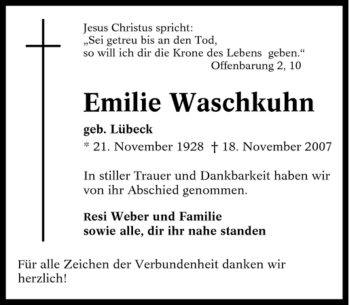 Traueranzeige von Emilie Waschkuhn von Tageszeitung