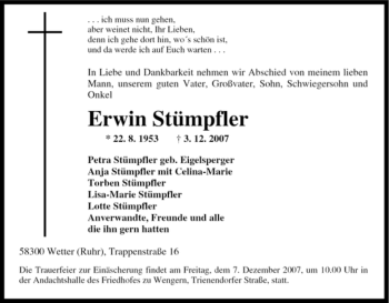 Traueranzeige von Erwin Stümpfler von Tageszeitung