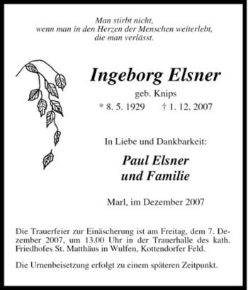 Traueranzeige von Ingeborg Elsner von Tageszeitung