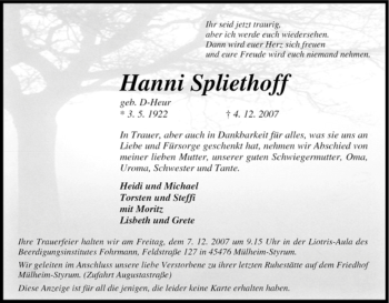 Traueranzeige von Hanni Spliethoff von Tageszeitung