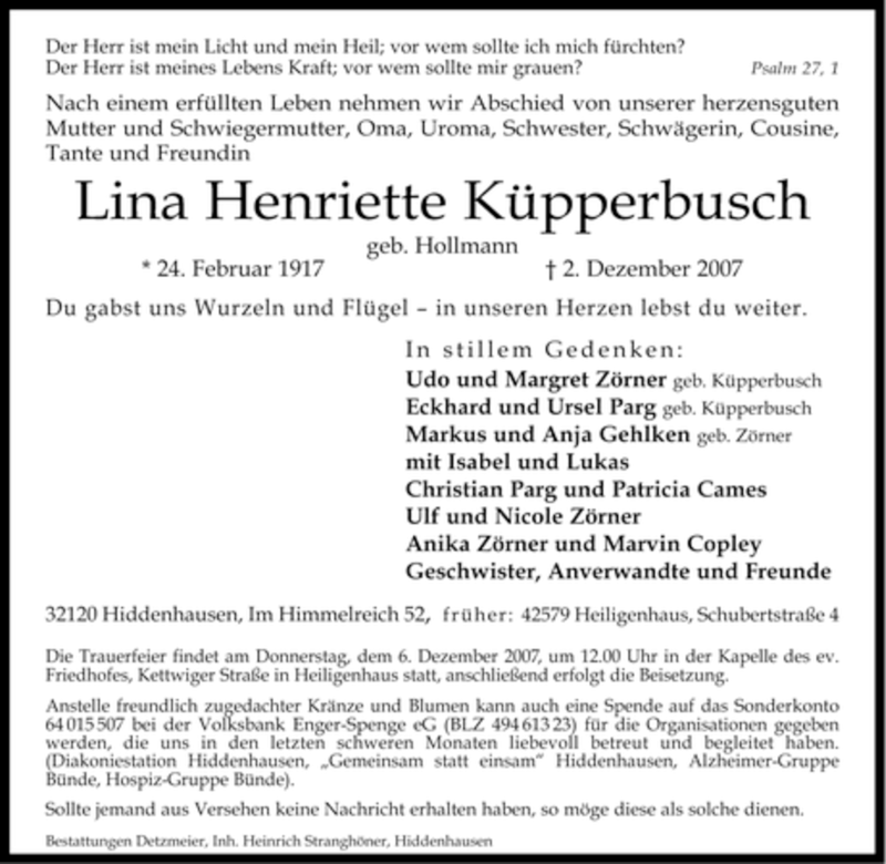  Traueranzeige für Lina Henriette Küpperbusch vom 05.12.2007 aus Tageszeitung
