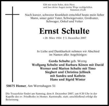 Traueranzeige von Ernst Schulte von Tageszeitung