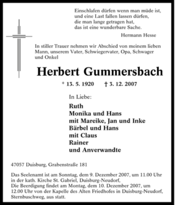 Traueranzeige von Herbert Gummersbach von Tageszeitung