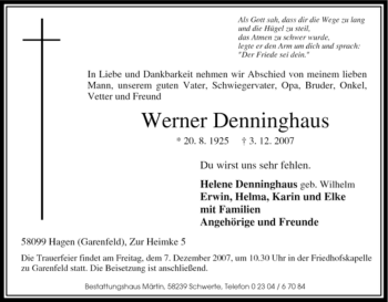 Traueranzeige von Werner Denninghaus von Tageszeitung
